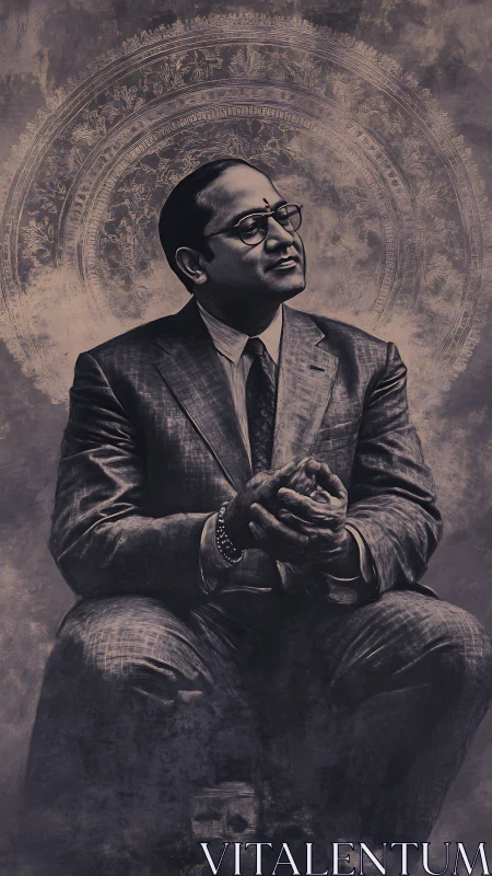 Seated dignified man in suit before ornate circular halo