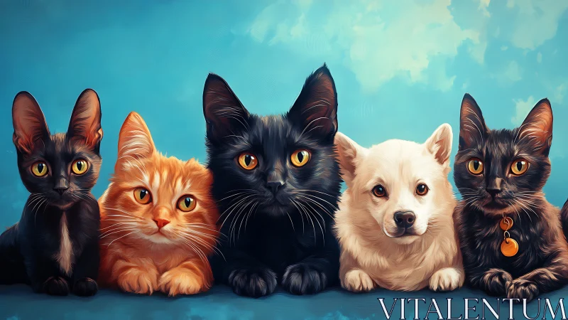 Digital Rendering of Five Companion Animals with Stylized Anatomical Features and Luminous Eyes Agai