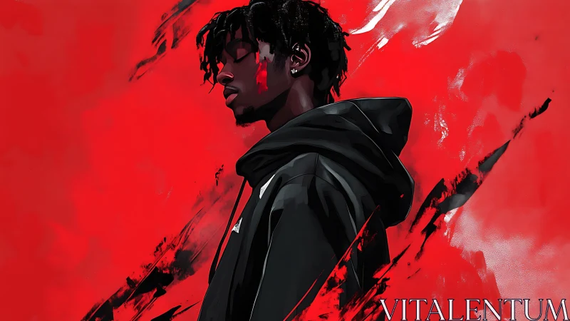 Side-profile digital portrait on abstract red background.