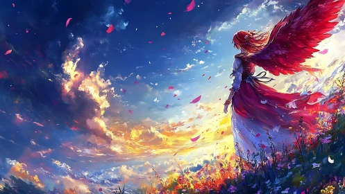 Red winged girl stands in flower field under vivid sunset sky