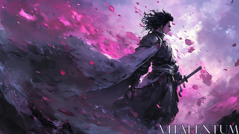 Samurai warrior strides through swirling magenta storm.