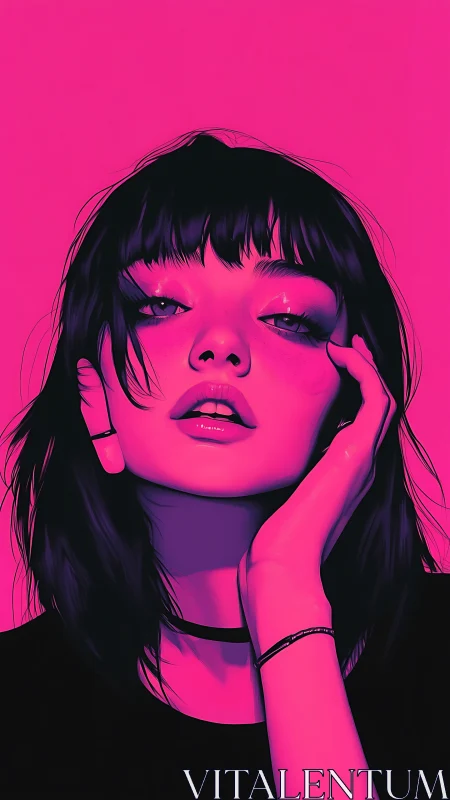 High-contrast neon portrait with magenta duotone shading and gloss highlights