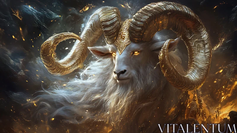 Celestial ram deity with golden horns amid cosmic fire.