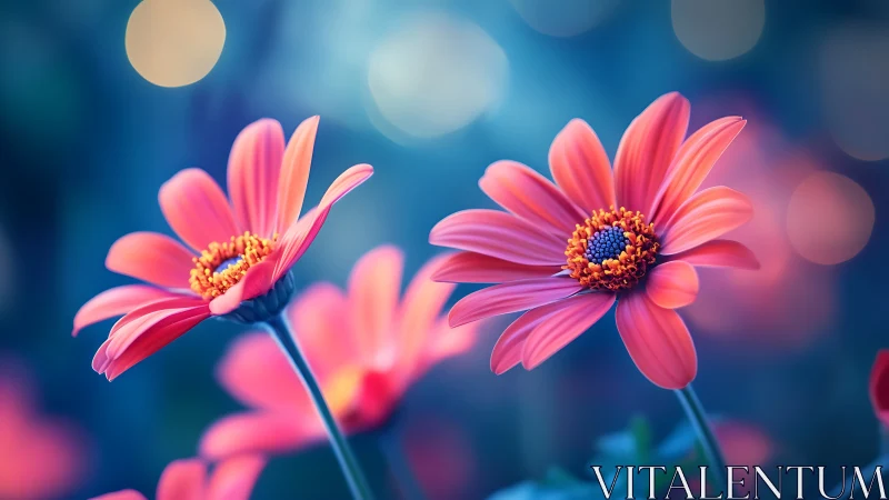 Vibrant Pink Gerbera Daisies Against Blue Bokeh.