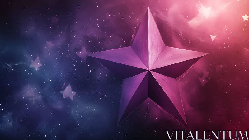 Purple 3D star floating in luminous cosmic nebula field.
