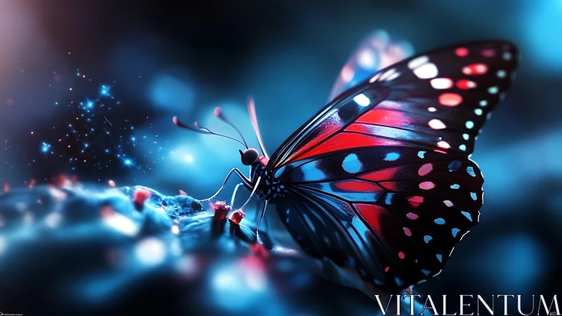 Bioluminescent macro butterfly in neon cyan and magenta light
