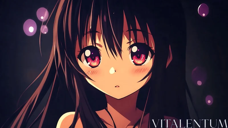 Close-up portrait of dark-haired anime girl in low light.