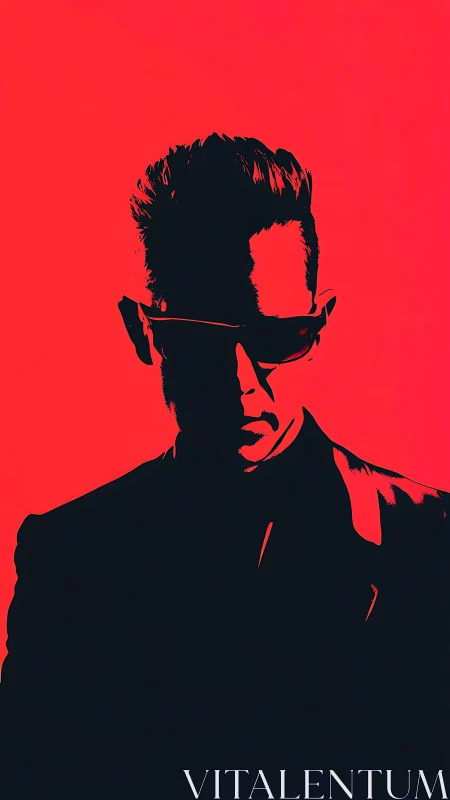Silhouetted man in sunglasses stands against solid red