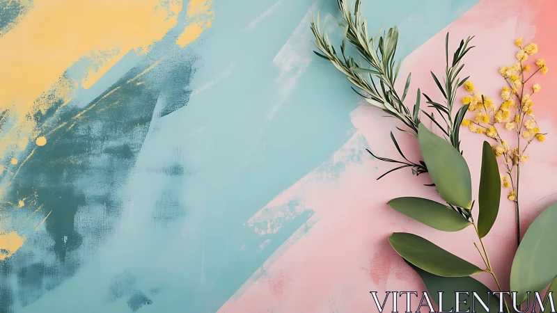 Botanical stems on pastel abstract teal and coral background.