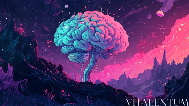 Floating brain structure dominates neon alien landscape scene