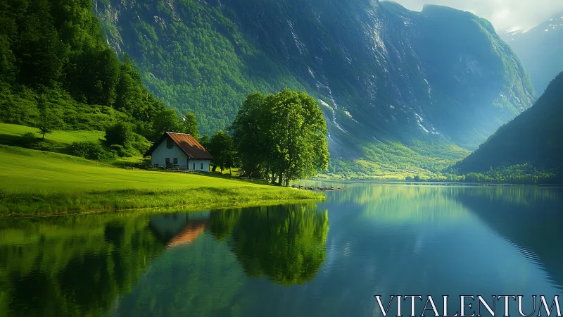 Lakeside cottage reflects beneath towering green fjord cliffs