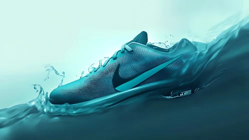 Turquoise athletic sneaker slicing through dynamic liquid field.