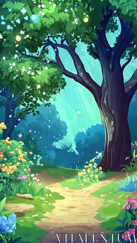 Enchanted Forest Garden Path with Glowing Lights.