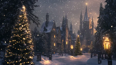 Snow-laden gothic castle avenue with glowing festive lights.