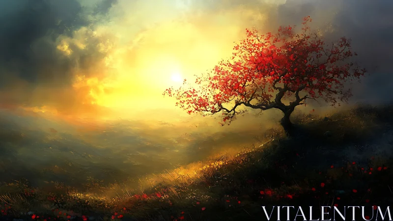 Backlit crimson tree on misted hillside at golden sunrise