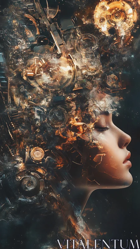 Dreaming clockwork muse in a storm of molten circuits.