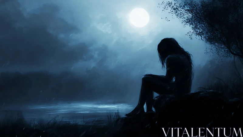 Solitary silhouette by moonlit lakeshore in rainy blue night.