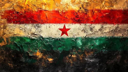 Textured tricolor flag painting shows central red star emblem