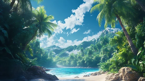 Tropical Paradise Cove Framed by Verdant Jungle and Crystalline Waters.