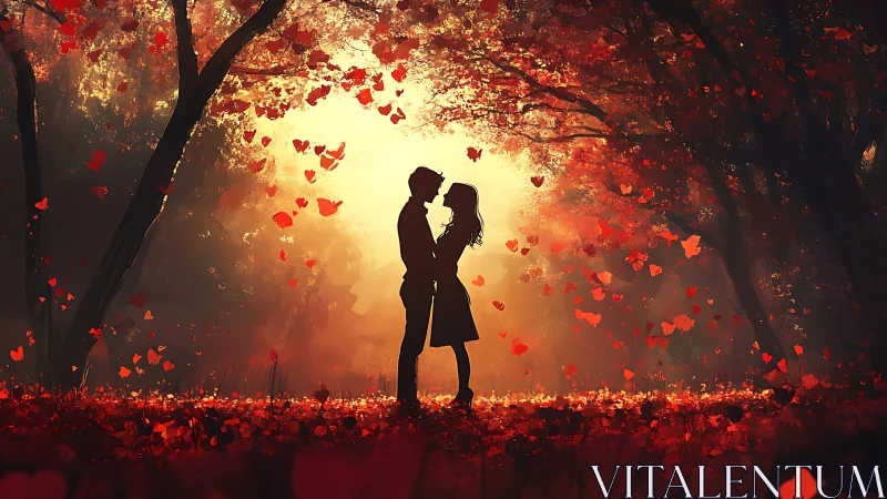 Silhouetted couple embracing beneath autumn canopy ablaze with falling hearts.