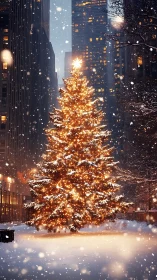 Snowlit city plaza Christmas tree glowing with warm lights.