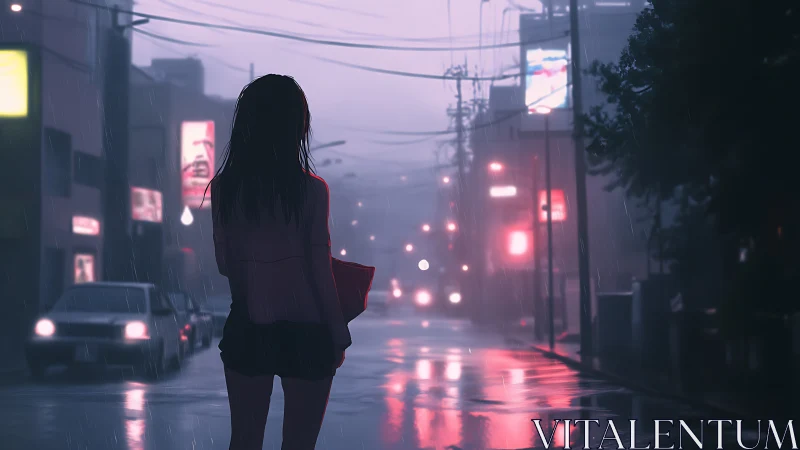 Rain-soaked city street with lone girl in neon haze.