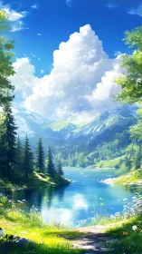 Sunlit alpine lake reflects towering clouds and peaks