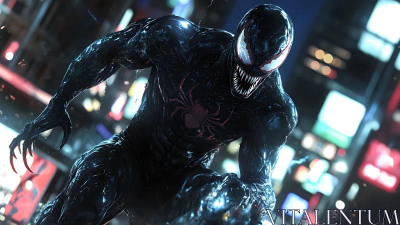 Alien symbiote lunges through neon drenched city street.