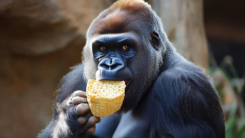 Gorilla calmly snacks on honeycomb bread in soft daylight.