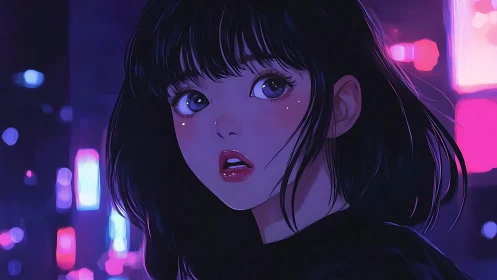Neon-lit girl pauses in electric midnight city glow.