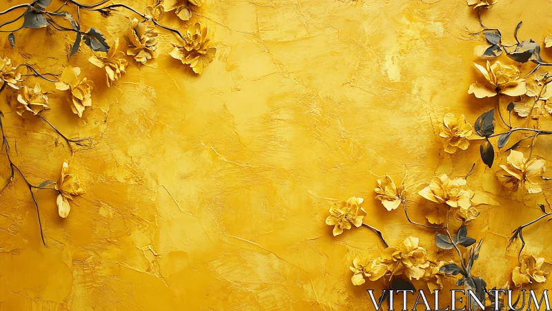Golden Floral Texture Wall with Dimensional Flower Branches.