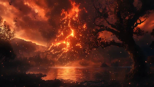 Massive wildfire engulfs hillside above reflective river at night.