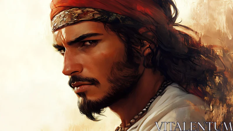 Cinematic digital portrait of stern pirate with red headscarf