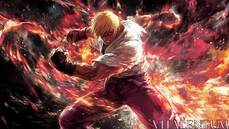 Dynamic martial artist unleashes fire-infused punch in motion