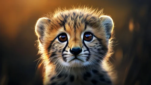 Sunlit cheetah cub gazes wide-eyed into the glowing wild.