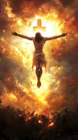 Crucified figure rises through burning stormlit heavens