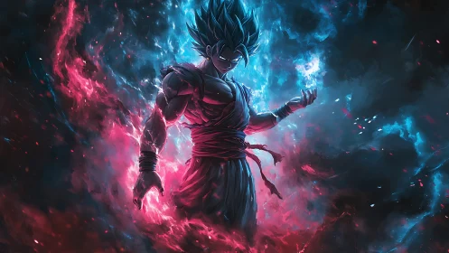 Bicolor energy warrior in turbulent nebular flux field.