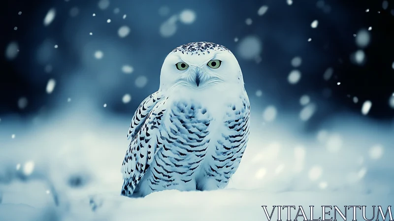 Snowy owl in winter landscape, serene and atmospheric photography.