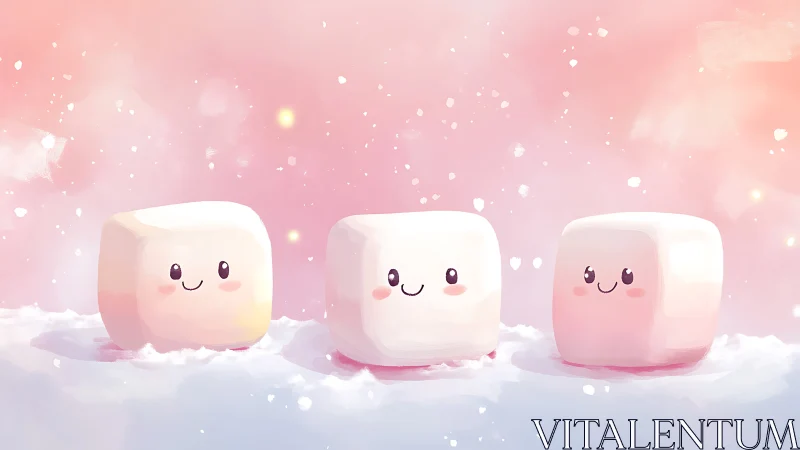 Three Cloud-Shaped Friends Glow in Pastel Dreamscape.