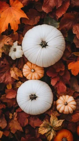 White and orange pumpkins arranged on dense autumn leaves