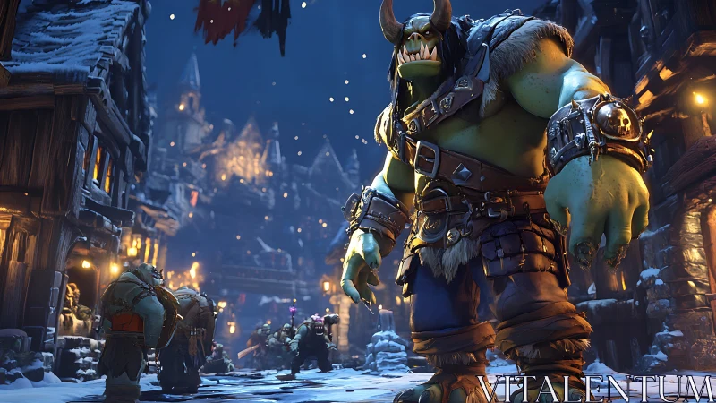 Armored orc warlord dominates snowy medieval street.