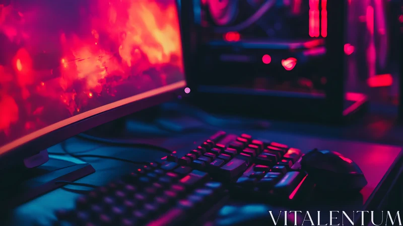 Neon-soaked gaming battlestation under electric magenta glow.