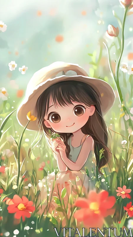 Young girl in sun hat sitting amid colorful flower field.