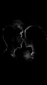 Silhouetted Couple Facing in Profile Kiss.