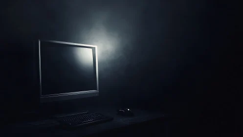 Quiet computer workspace glows gently in the darkened room