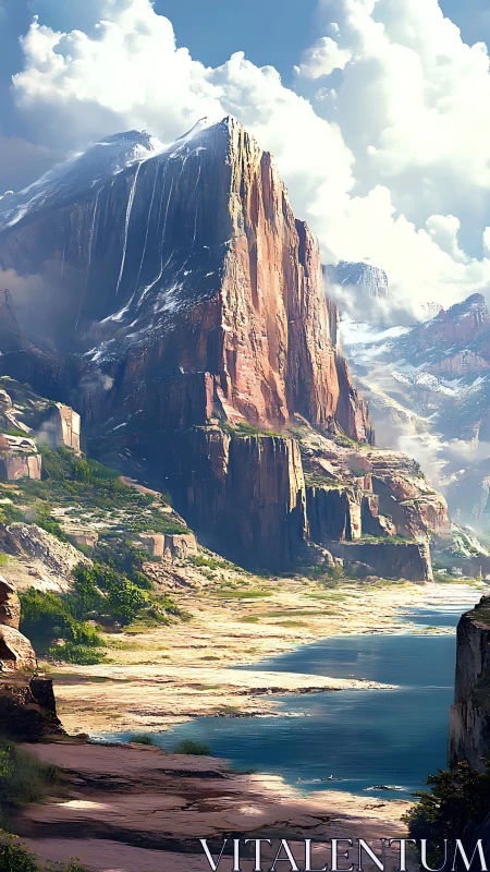 Steep cliff rises over calm river in bright daylight