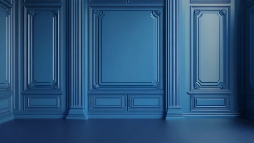 Monochrome neoclassical blue wall panels with ornate molding