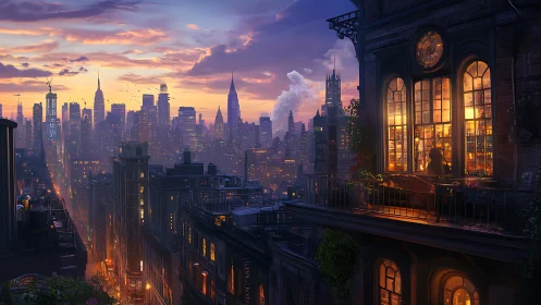 Sunset-lit balcony overlooks dense high-rise skyline and warm interior