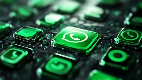 High-gloss green messaging icons on reflective dark matrix