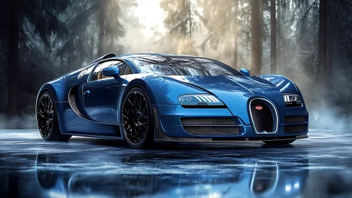 Blue sports car stands on wet reflective surface in misty forest